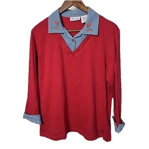 Vintage Blair Women Medium Red Collared Embroidery Floral Long Sleeve Knit Shirt